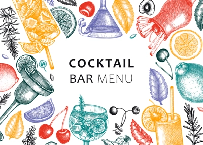 Alcoholic cocktails background. Glass of margarita, mojito, Pina colada, cosmopolitan, tequila sunrise banner design. Hand-sketched cocktails frame in color. Vector drinks illustration